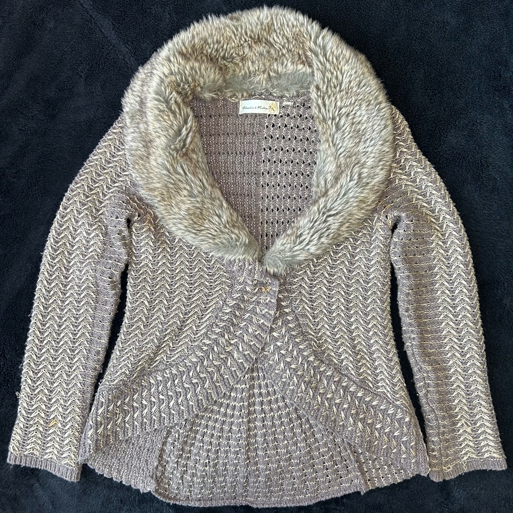 -Anthropologie Charlie & Robin Brown Fur Trim Rushcliffe Cardigan 
-Size M
